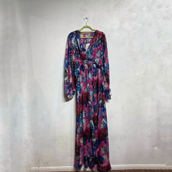 Adrienne Landau Floral Watercolor Draped High Slit Deep V Maxi Gown Sz 12 NWT - Picture 3 of 14